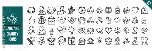 Set of 52 outline icons related to care and charity. Linear icon collection. Vector illustration.
