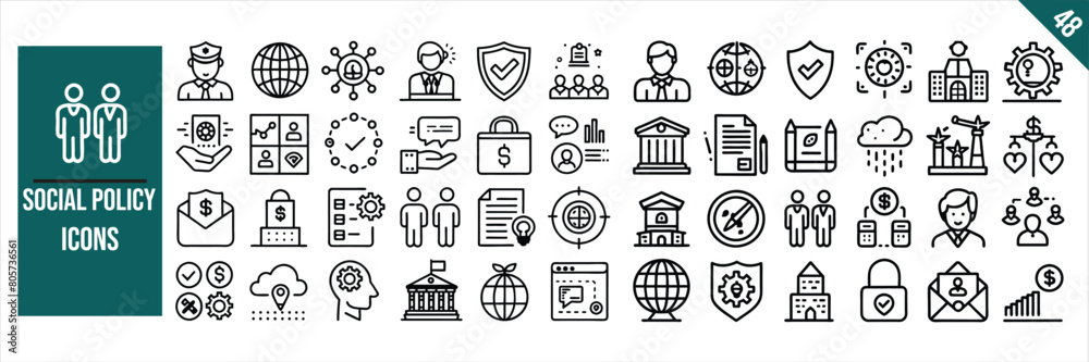 Set of 48 outline icons related to Social policy. Linear icon collection. Vector illustration. Set of 48 outline icons related to Social policy. Linear icon collection. Vector illustration.