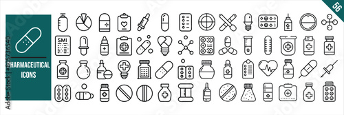 Set of 56 outline icons related to Pharmaceutical. Linear icon collection. Vector illustration. 