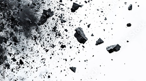 Falling rocks on white background. Black charcoal or coal on white background
