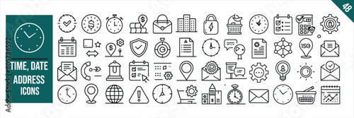 Set of 48 outline icons related to time date and address. Linear icon collection. Vector illustration.