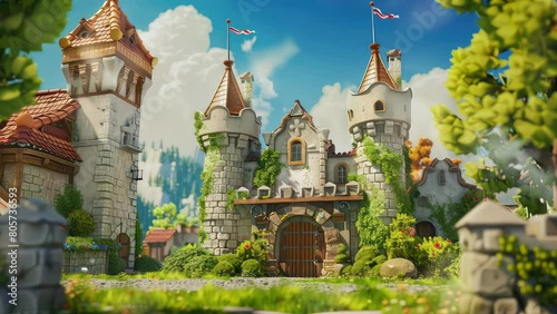 Animation amazing castle with high towers. seamless 4k video looping background. generated with ai