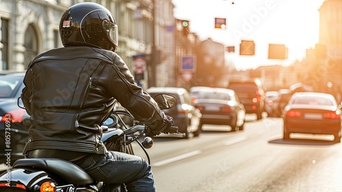 A motorcyclist on a bike overcomes urban challenges and obstacles, showcasing their skills and style. Excitement and energy of their urban ride, surrounded by bustling city streets. Cropped picture. photo