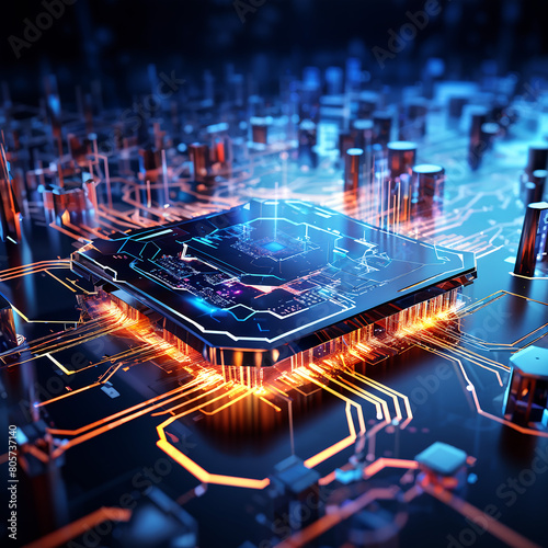 Illuminated With 3d Rendered Microchip Data Flow On Futuristic Motherboard Design Background