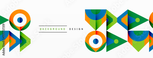 A visually striking logo design featuring a symmetrical pattern of colorful geometric shapes such as rectangles, triangles, circles, and an electric blue symbol on a white background