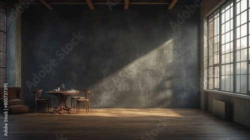 Modern interior design of apartment, dining room with table and chairs, empty living room with dark wall © Tina