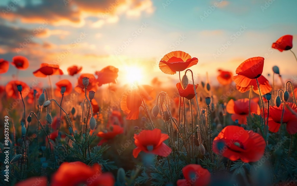 Obraz premium Beautiful view at sunrise. Red poppies blooming in the field against the sun, blue sky. Wildflowers in spring. Stunning natural views