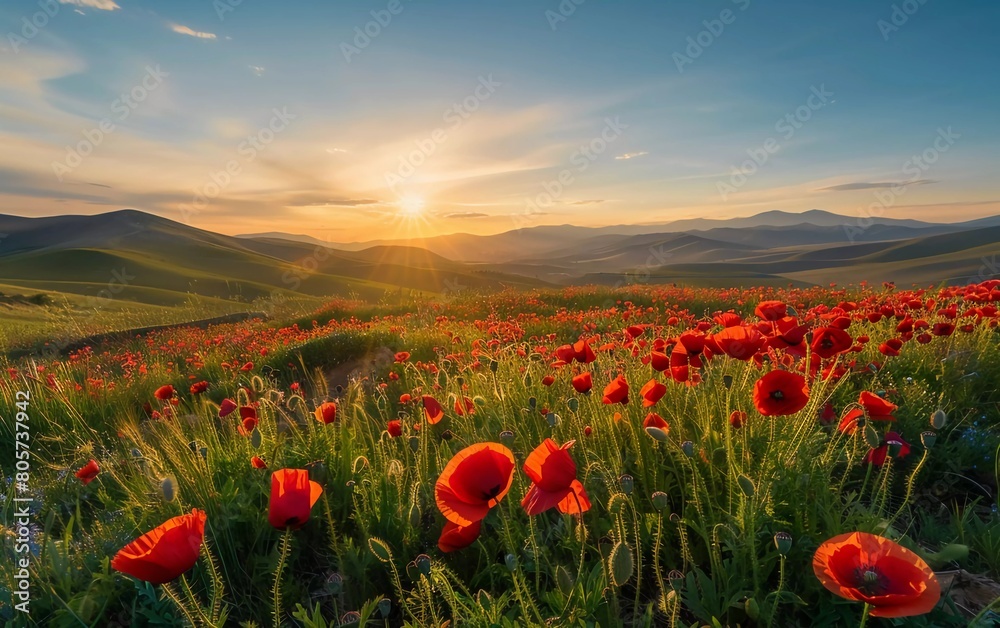Beautiful view at sunrise. Red poppies blooming in the field against the sun, blue sky. Wildflowers in spring. Stunning natural views