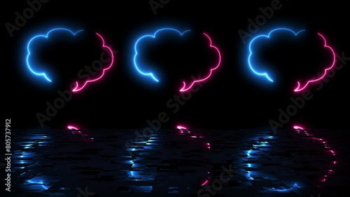 Cloud shape text msg icon animation in 4K reflective black bg. Chatting messaging conversation going on cartoon style modern neon led light talking neon speech typing cloud bubble thinking idea sign.
 photo