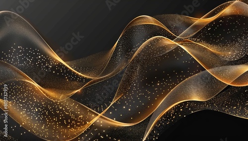 Abstract golden wave pattern, set against a backdrop of deep black, evoking a sense of sophistication and celebration