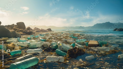 A beach covered in plastic bottles and trash