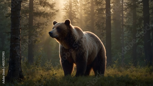 The raw strength and quiet dignity of a bear standing tall amidst a tranquil forest clearing, bathed in the soft glow of dawn ai_generated