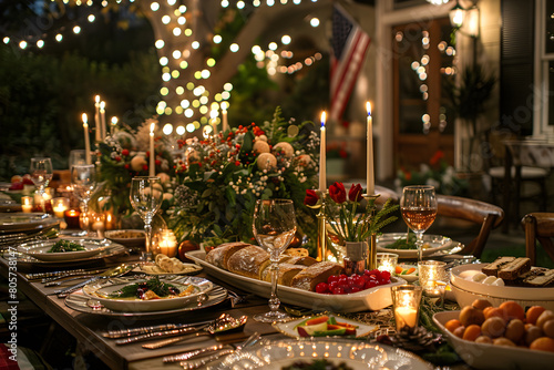 A beautifully decorated dinner table creates an inviting atmosphere for the upcoming feast, perfect for an evening celebration or holiday event.