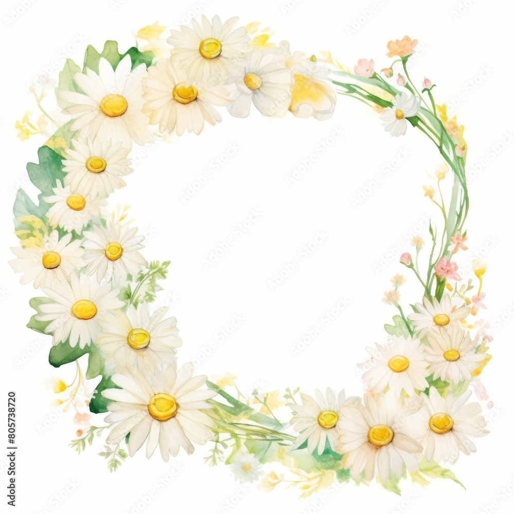 A beautiful wreath of white and yellow daisies with green leaves and pink accents. Perfect for a summer wedding or any special occasion.