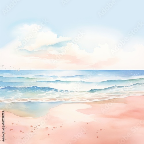 Delicate watercolor painting capturing the serene beauty of a beach scene with soft waves, a sandy shore, and a pastel sky, ideal for evoking a sense of tranquility.