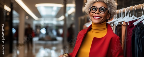 Cropped photo of a stylish middle aged African American woman in clothing store. Female shopaholic select and buying clothes in fashion boutique during sale.