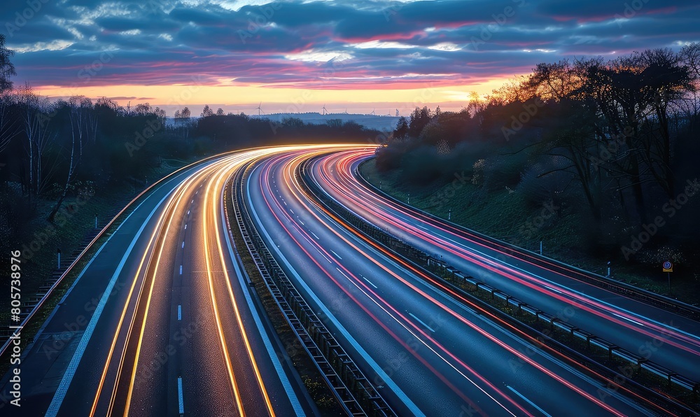 A long exposure photograph of a highway at night. The streaks of light from the cars create a colorful and abstract image.