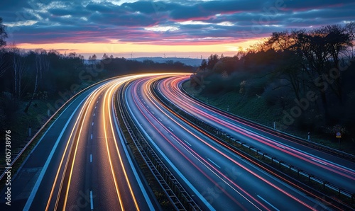A long exposure photograph of a highway at night. The streaks of light from the cars create a colorful and abstract image.