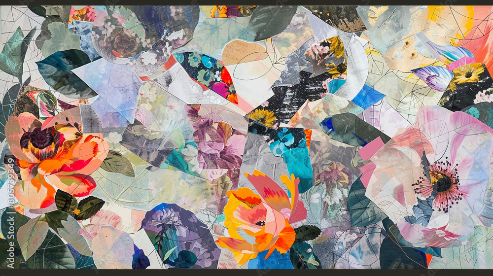 
print of a colorful floral pattern spread on many pieces of paper, in the style of circular abstraction, art nouveau-inspired illustrations, layered collage narratives, multi-panel compositions, eleg