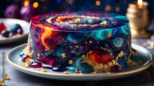 A cake for a birthday that had a colorful galaxy design with dropping colors and tasty glitter for stars, Beautiful birthday or wedding cake with buttercream flowers decorating it.