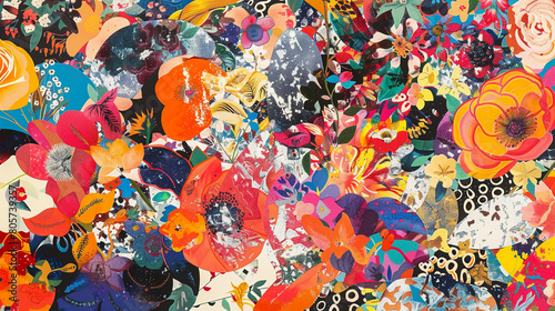  print of a colorful floral pattern spread on many pieces of paper  in the style of circular abstraction  art nouveau-inspired illustrations  layered collage narratives  multi-panel compositions  eleg