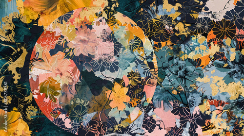 
print of a colorful floral pattern spread on many pieces of paper, in the style of circular abstraction, art nouveau-inspired illustrations, layered collage narratives, multi-panel compositions, eleg