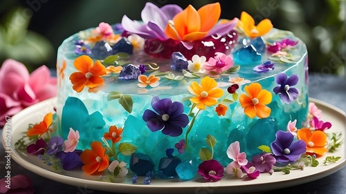 a cake or food in a plate decorated with petals and flowers against a dark background, Beautiful birthday or wedding cake with buttercream flowers decorating it.