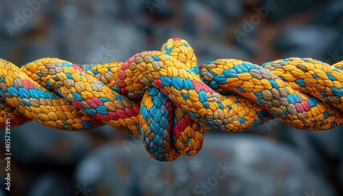 A colorful rope is tied in a knot. The rope is made up of yellow, blue, and red strands. The knot is holding the rope together.