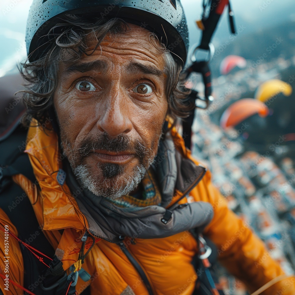 A person feels adrenaline with a face of shock, panic and fear when riding a paraglider flying through the sky, an extreme sport A person feels adrenaline with a face of shock, panic and fear when riding a paraglider flying through the sky, an extreme sport