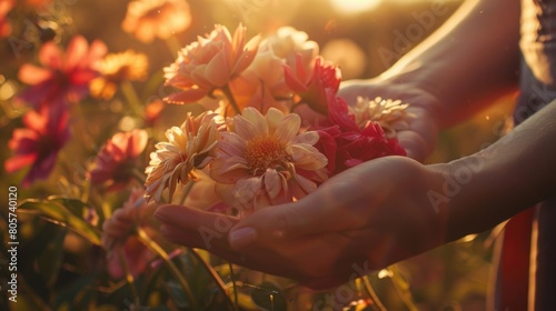 Hands gently holding a collection of flower heads, illuminated by soft sunlight.  © thesweetsheep