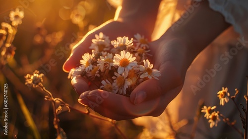 Hands gently holding a collection of flower heads, illuminated by soft sunlight.  © thesweetsheep