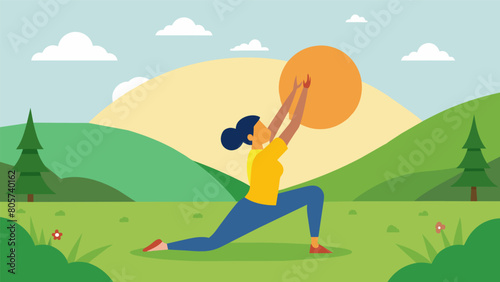 Starting the day off right with a sunrise stretching routine a person twists their body in a peaceful meadow.. Vector illustration