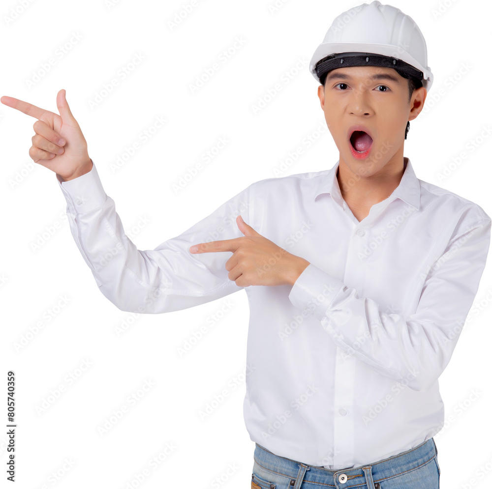 Portrait young asian man is engineer wearing helmet standing and excited, male is architect or contractor presenting or showing something with shocked, industrial concept. Portrait young asian man is engineer wearing helmet standing and excited, male is architect or contractor presenting or showing something with shocked, industrial concept.