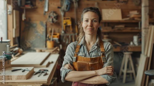 Portrait of Carpenter woman in a workshop with woodworking tools.