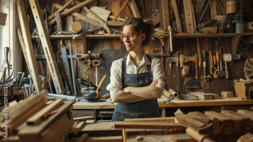 Carpenter woman in a workshop with woodworking tools.