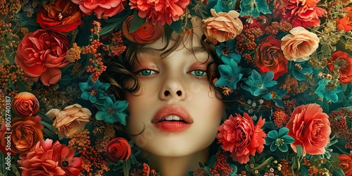surrealism, vibrant flowers, and a woman's Face