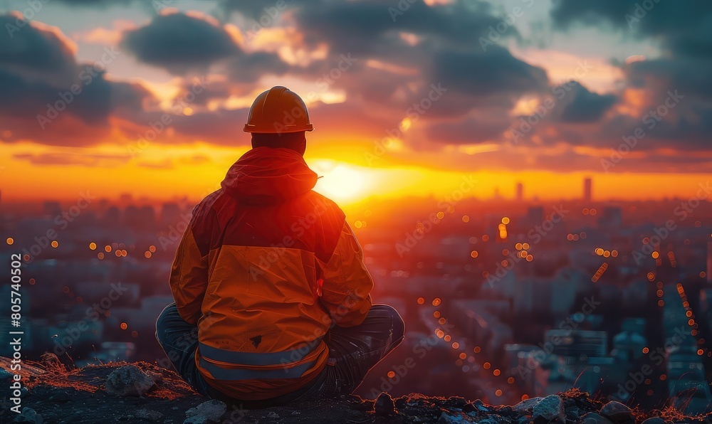 A construction worker sits on a rooftop at sunset, looking out over the city