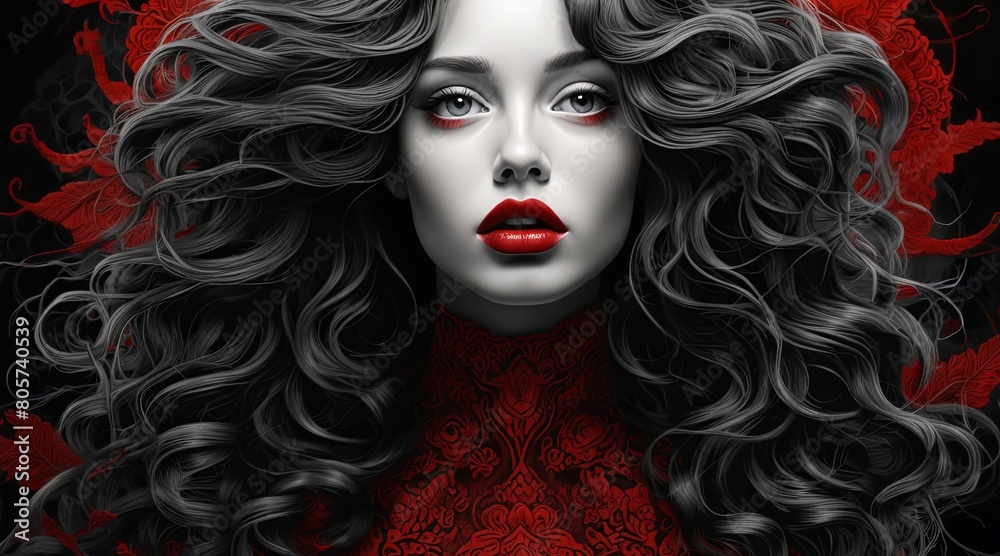 A woman with long black hair and red lipstick A woman with long black hair and red lipstick