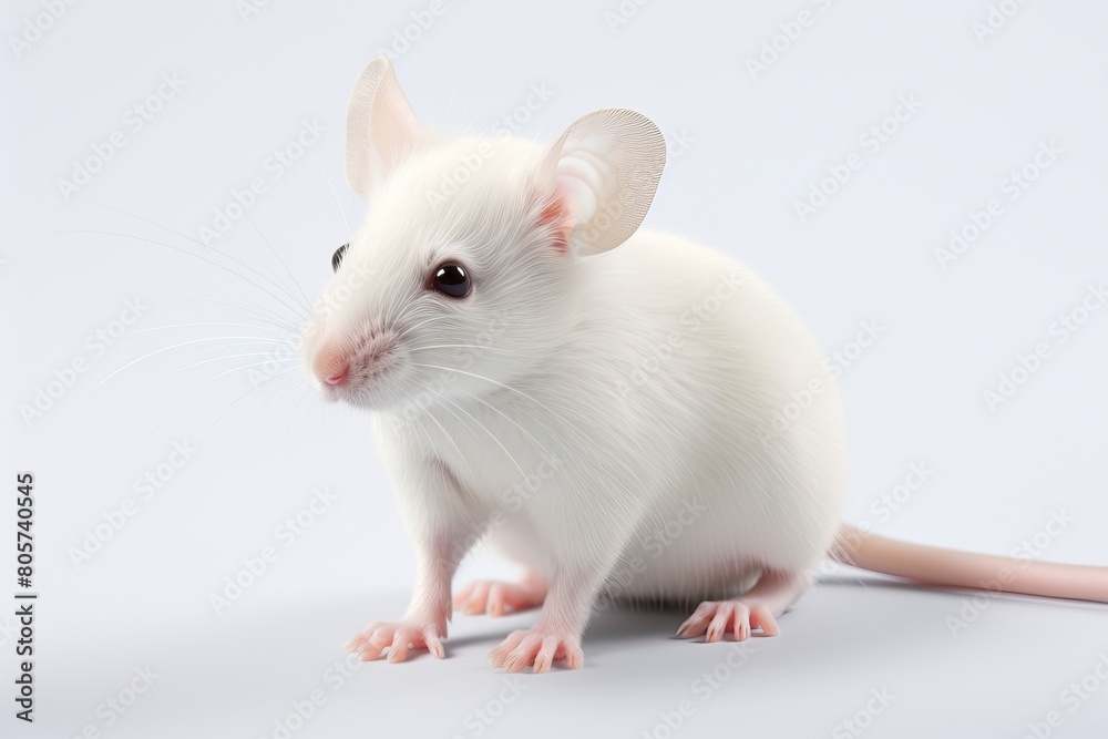 A small laboratory mouse. Photo on a white background. AI generated image.