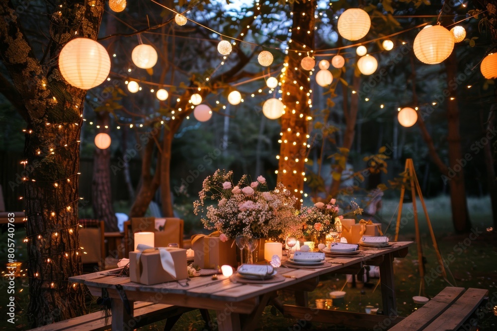 Charming garden party setup at dusk with string lights and lanterns, beautifully decorated table with refreshments and flowers.