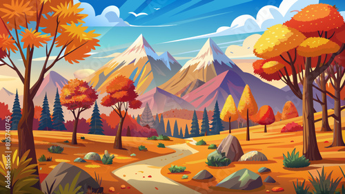 Autumn Landscape with Trees and Mountains	- Colorful Vector Art