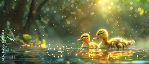 Lovely young yellow ducklings joyfully frolicking by a luminescent, intoxicating pond point lovely sun radiant tumbling over the water and space, Generative AI. photo