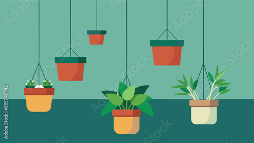 Hanging planters made from recycled materials hang from the ceiling adding a touch of green to the space.. Vector illustration