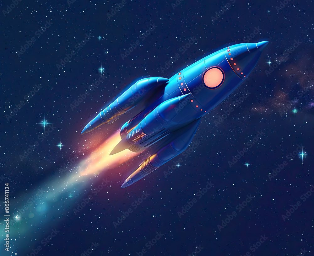 Flying blue space rocket in space with stars Spaceship launch business product on market concept Rocket 3d icon Realistic creative conceptual symbol of startup Vector illustration