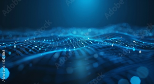 Abstract technology background featuring blue glowing connections and dots on a dark blue gradient, creating a futuristic network design concept