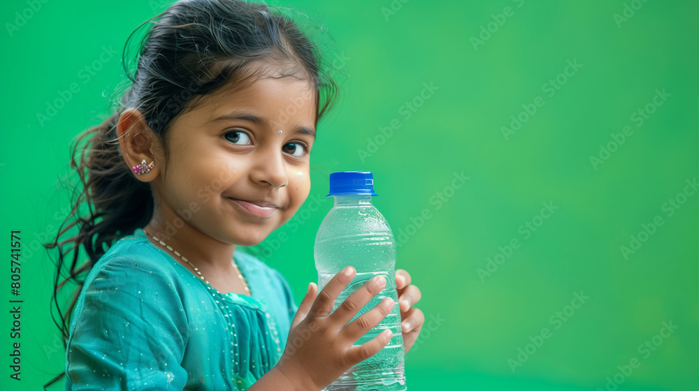 Photograph of an Indian child holding a water bottle against a plain background. Photograph of an Indian child holding a water bottle against a plain background.