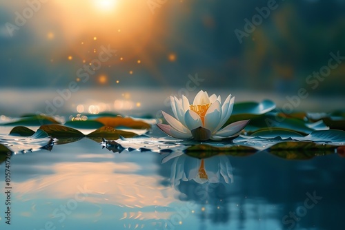The placid and poised surface of the lake in the early morning radiant is embellished with the lovely reflection of lotus stems and blooms and space, Generative AI.