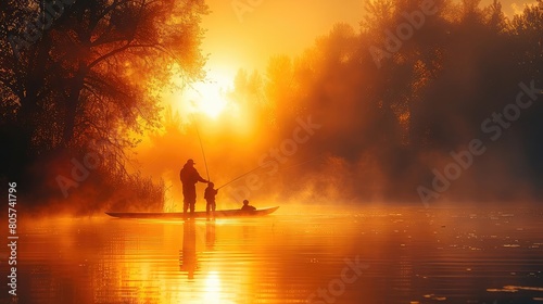 A father and son are fishing in a boat on a lake at sunrise