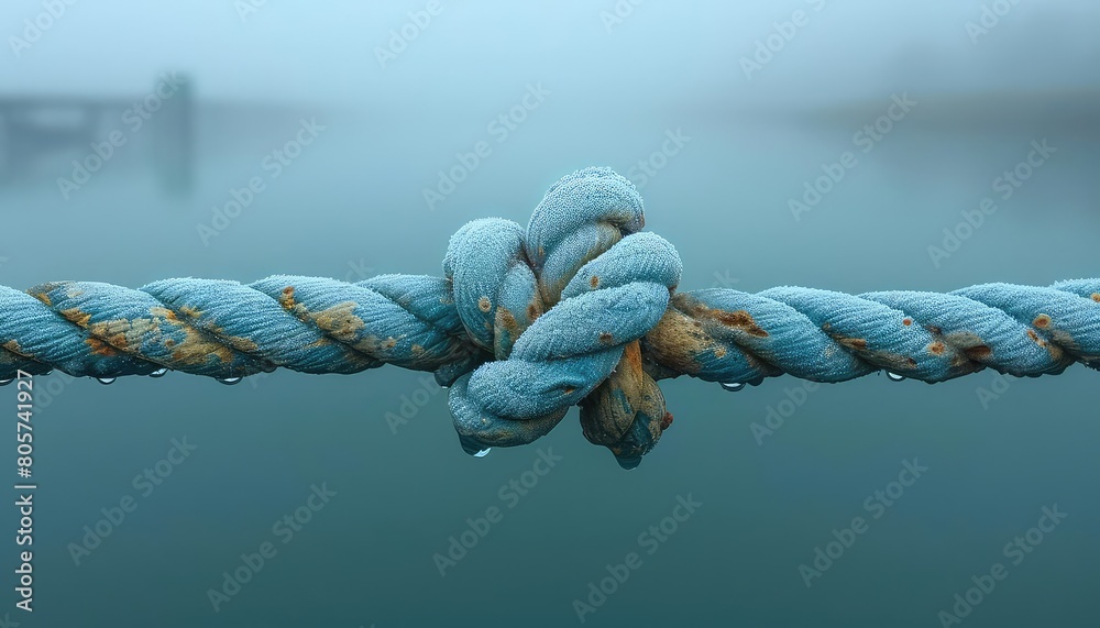 The image shows a close-up of a weathered rope knot against a blurred background of water and sky The image shows a close-up of a weathered rope knot against a blurred background of water and sky