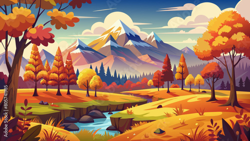 Autumn Landscape with Trees and Mountains	- Colorful Vector Art Desiign